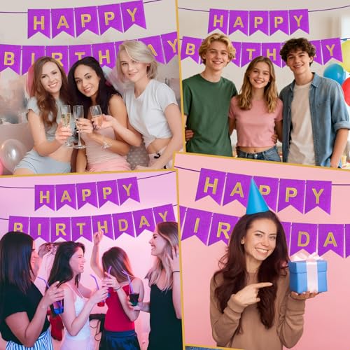 Purple Happy Birthday Banner - 16ft Pre-Strung Glitter Decoration
