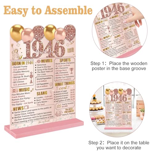 80th Birthday Acrylic Table Sign - Pink Rose Gold Back in 1946 Decoration