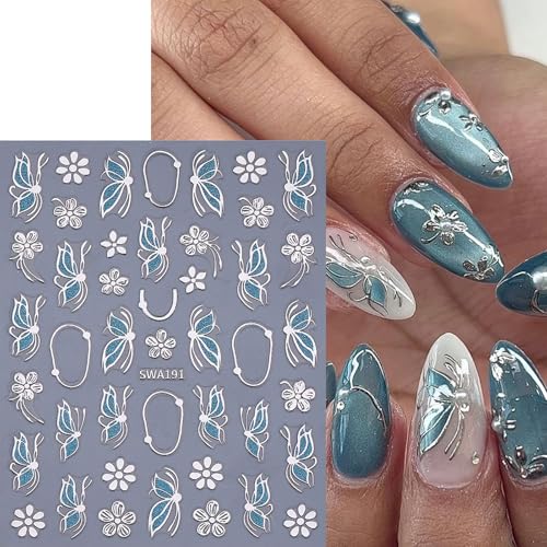 3D Floral Nail Art Stickers Gold & Dark Blue Glitter Decals (4 Sheets)