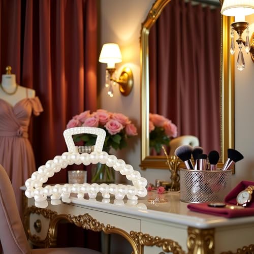 Cauaoa Large White Faux Pearl Hair Claw Clips for Thick Hair 2Pcs
