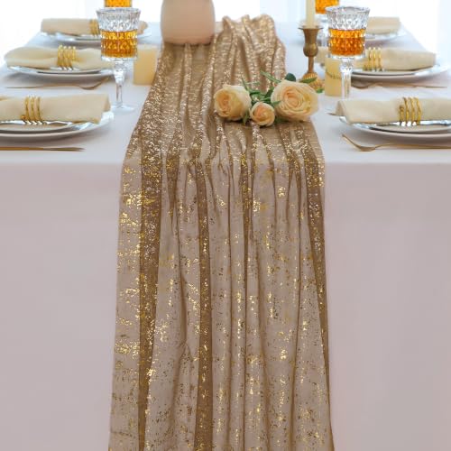 Snowkingdom 3-Piece 10Ft Gold Gauze Sheer Table Runner - Coffee Gold