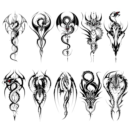 AWLEE Tribal Dragon Temporary Tattoos - 10 Sheets Realistic Waterproof Fake Body Art for Men & Women