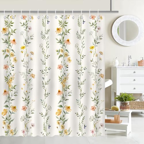 Boho Floral Shower Curtain - Green Vines, Waterproof, 72x72 inches