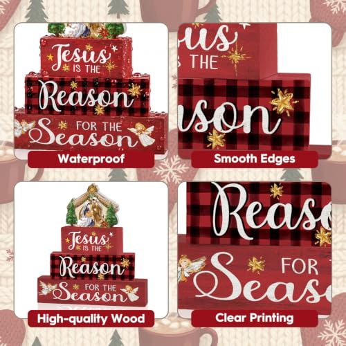 Smile 4 Pcs Wooden Christmas Block Signs - Jesus Nativity Scene Decor