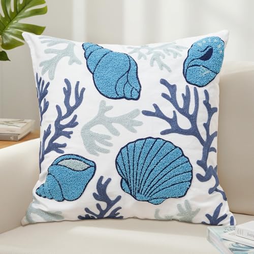 Coastal Decor Pillow Cover – 18x18 Inch Embroidered Coral & Seashell