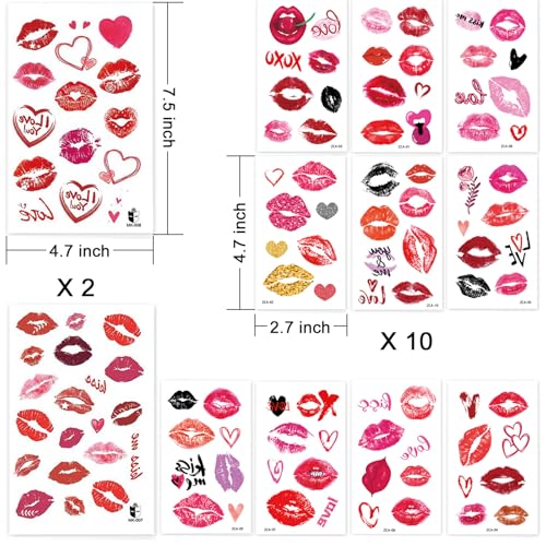 KYLELOVE Lip Temporary Tattoo 12 Sheets - Red Heart & Kiss Face Stickers