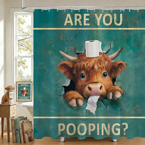 Funny Highland Cow Shower Curtain 72"x72" - Waterproof Farmhouse Decor
