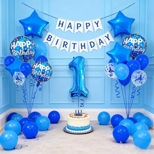 1st Birthday Balloon Decoration Set - Blue Number 1 Foil Balloon Kit