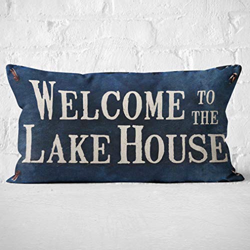 Welcome to Our Lake House Throw Pillow Cover, Navy Blue, 18x18 Inch