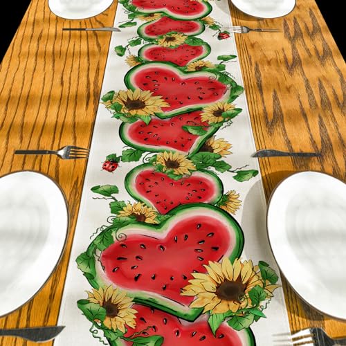 Summer Floral Table Runner Watermelon Sunflower 13x72 Linen