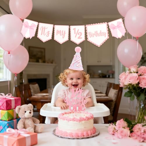 Half Birthday Decoration Set for Baby Girls with Banner, Hat & Cake Topper