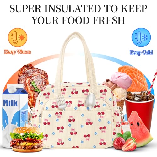 WOBAGMEN Cherry Corduroy Insulated Lunch Box for Women