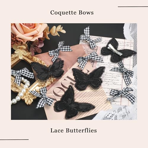 AROCOOY 18PCS Black Bow and Butterfly Hair Clips Gingham Hair Bows