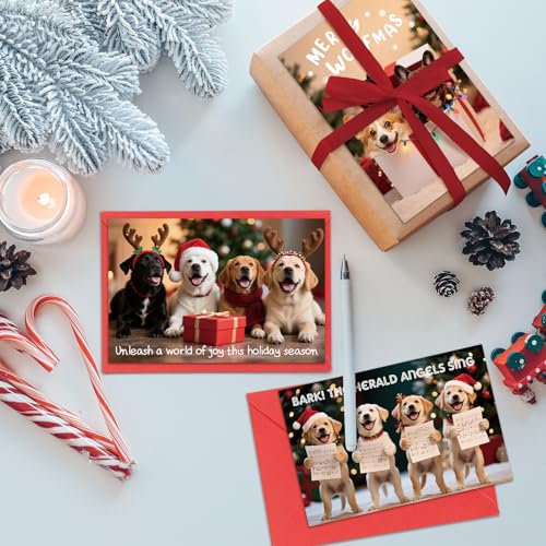 Dog Christmas Cards Set with Envelopes and Stickers - 6 Festive Designs