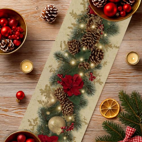 Christmas Poinsettia & Pinecones Table Runner - Holiday Decor, 13 x 72 Inch, Variation of THIS listing