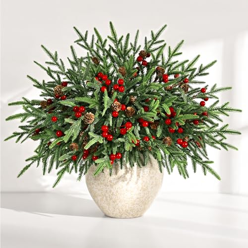 Green 15 Pack Artificial Norfolk Pine Stems with Pine Cones & Red Berries - Christmas Decor
