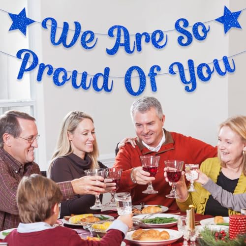 Blue Glittery 'We Are So Proud of You' Graduation Banner - Pre-Strung Decoration