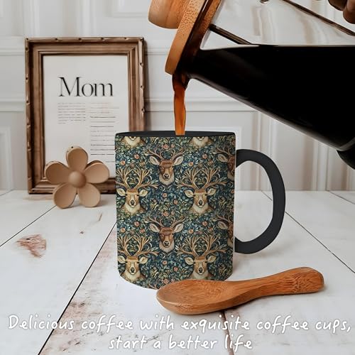 Reindeer Floral Mug - Deer Hunter Gifts, 11oz Ceramic Coffee Tea Cup - Dark Botanical Animal Design