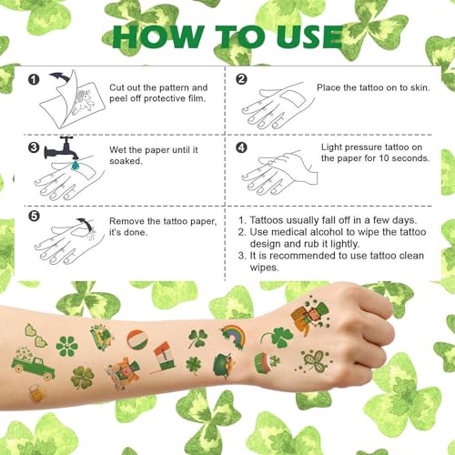 St. Patrick's Day Temporary Tattoos - 145 Pcs Shamrock & Gnome Designs