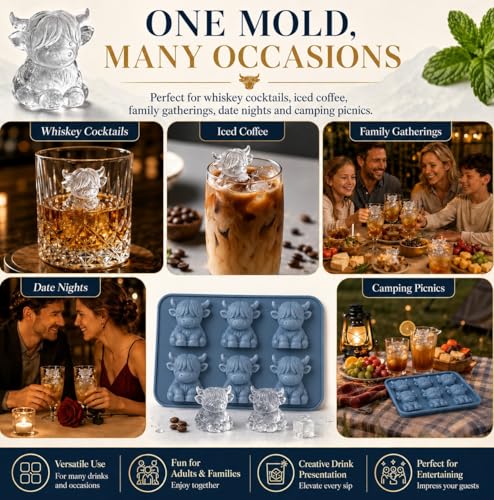 2PCS Highland Cow Ice Cube Mold - Blue Silicone 3D Tray for Drinks & Baking