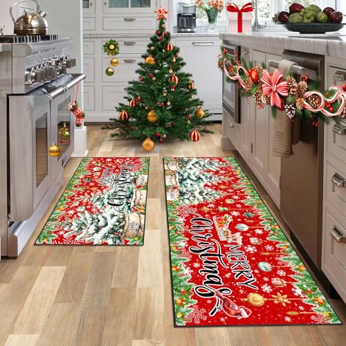 Christmas Kitchen Rugs Set of 2 Non-Slip Washable Snowflake Holiday Floor Mats