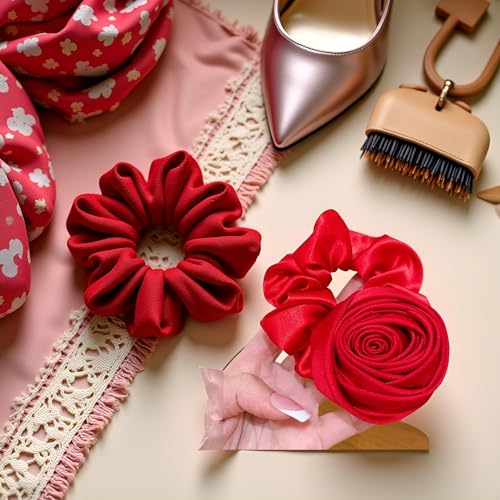 Silk Satin Hair Scrunchies Handmade Rose Flower Ponytail Holder Wine Red