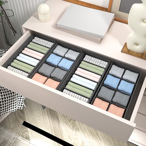 A-Grey 4 Pack Sock & Underwear Drawer Organizer Dividers - Collapsible Closet Storage