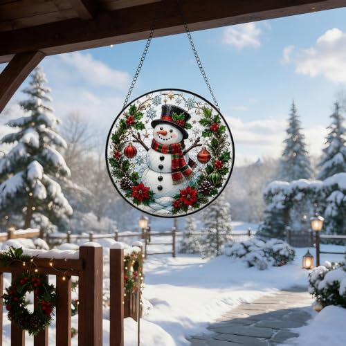 Christmas Snowman Stained Glass Suncatcher for Window Hanging - White Snowman - 7.9 Inch