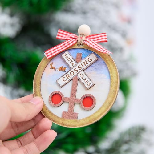 Santa Claus Crossing Sign Ornament - 4 Inch Wooden Holiday Decoration