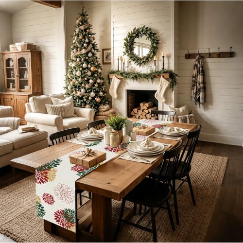 Red Green Christmas Table Runner with Dahlia Floral Burlap - 13 x 36 Inch
