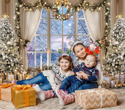 Christmas Window Backdrop White Winter Snow Forest Scene 7x5FT Xmas Photography Background Holiday Party Decor