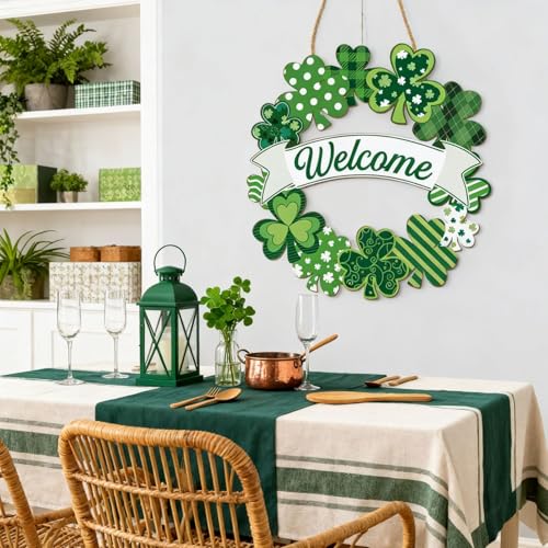 St. Patrick's Day Shamrock Welcome Sign - 11" Wooden Wreath