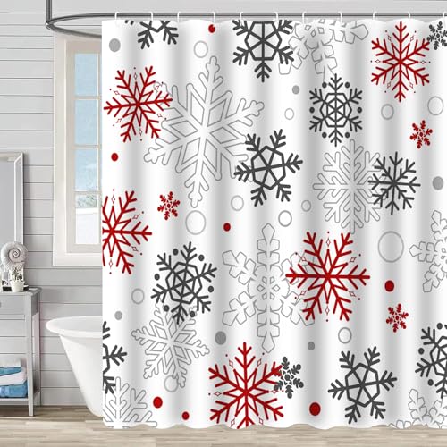 Christmas Snowflake Shower Curtain Red & Grey 72" x 72" with Hooks