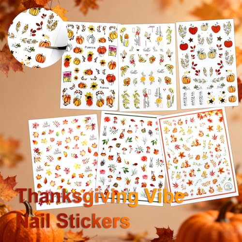 Allstarry Fall Nail Stickers 6 Sheets 3D Self-Adhesive Autumn Maple Leaves & Pumpkins