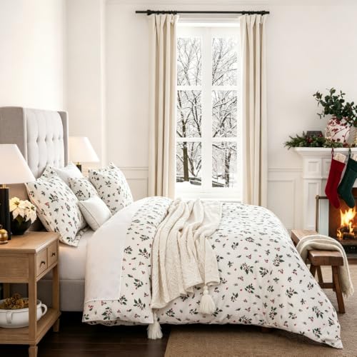 Full Size 82x86 Holiday Christmas Duvet Cover Set - Holly Berries Pattern, 100% Cotton