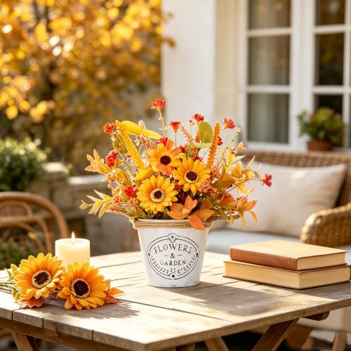Fall Thanksgiving Table Centerpiece with Flowers - Vintage Metal Pot