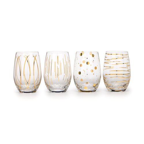 Mikasa Cheers Etched Crystal Stemless Wine Glasses, 470 ml - Gold Effect (Set of 4)