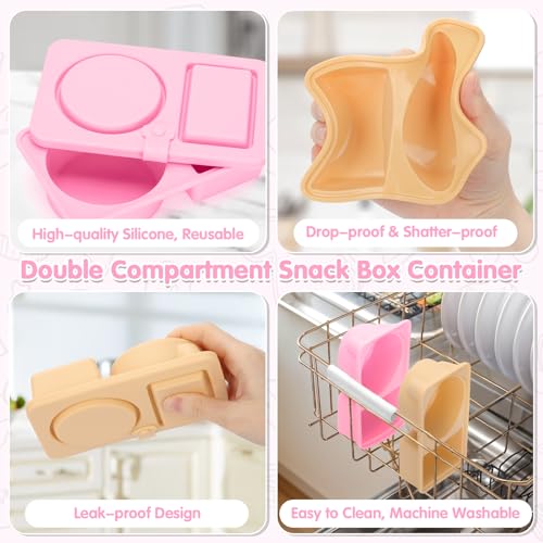 2 PCS Reusable Silicone Snack Containers with Lids - Double Compartment for Fruits & Condiments