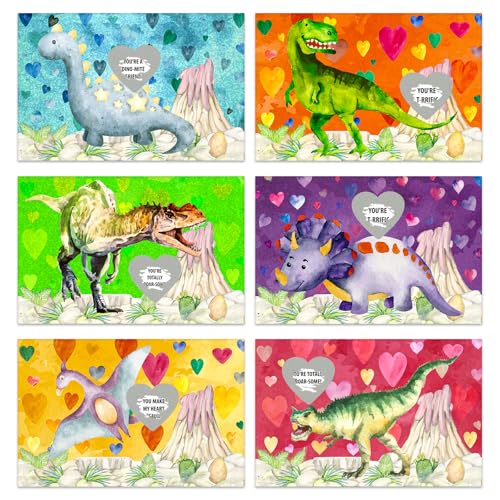 Dinosaur Valentine Cards for Kids - 30 Scratch Off Cards with Envelopes