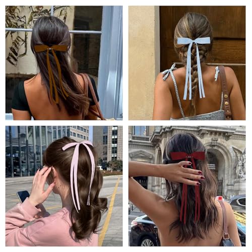 Pink Satin Hair Bows for Women - Large Long Tail Bow Barrettes (4 Pack)