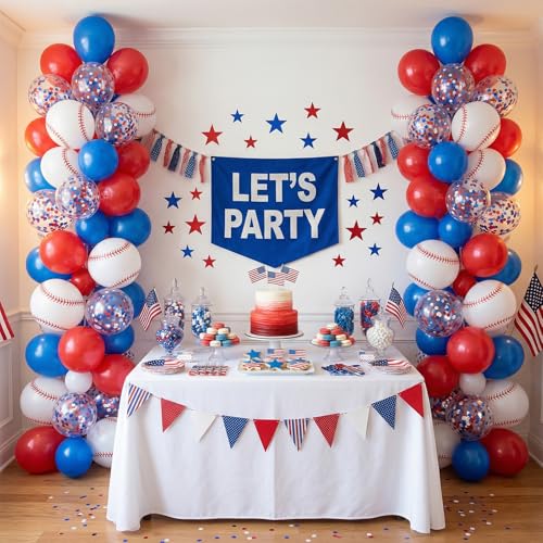 12 Inch Baseball Print Balloons - Red, Blue & White Party Decor