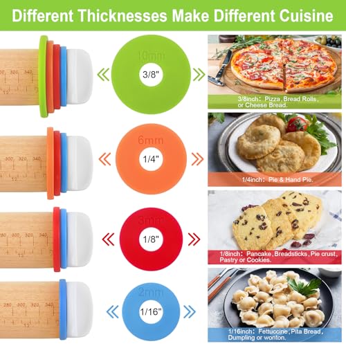 BIDFUL 17-Inch Natural Wood Adjustable Rolling Pin with Thickness Rings