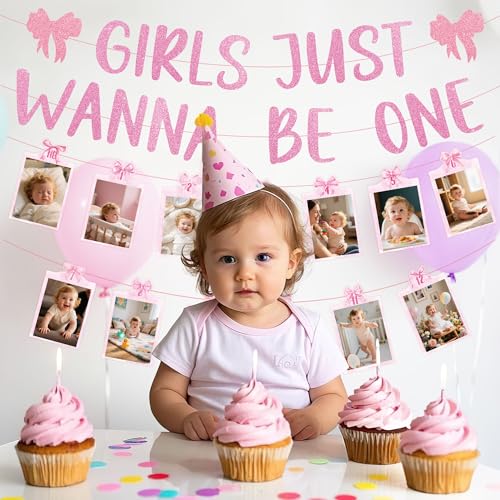 Girls First Birthday Banner & Photo Garland Set for Baby Girl Celebration