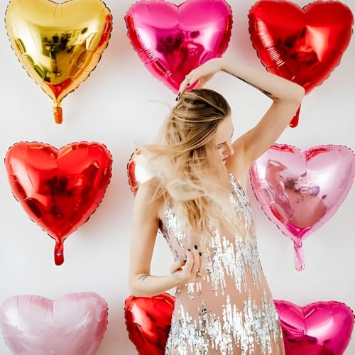 Pink Heart Balloons - 18 Inch Foil Balloons for Parties (12Pcs, Pink-2 Variation)