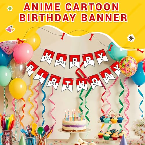Vibrant Cartoon Anime Birthday Banner - Red & White Party Decor