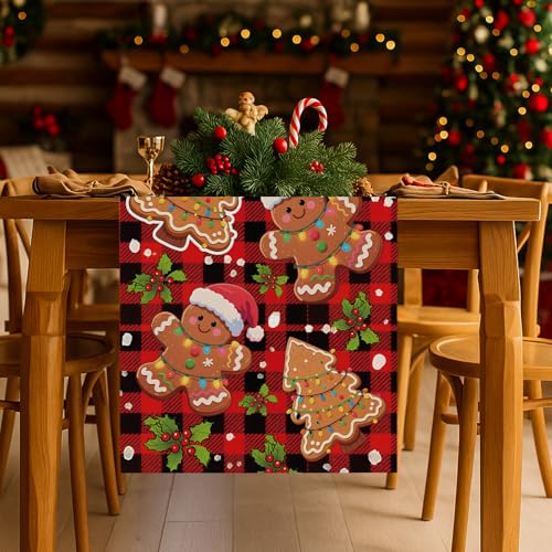 Gingerbread Man Table Runner 13x90 Inch Christmas Plaid Holiday Decor