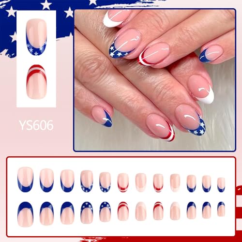 Independence Day Press on Nails Short Almond Star Design False Nails