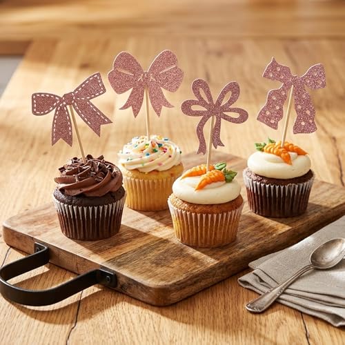 24 PCS Pink Bow Cupcake Toppers - Elegant Coquette Cake Decorations