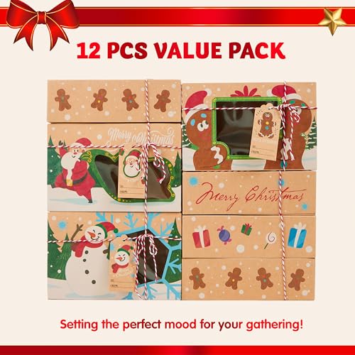 12 Pack Christmas Cookie Gift Boxes with Window - Festive Bakery Pastry Containers