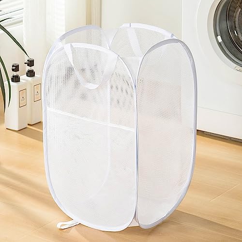 Collapsible Mesh Laundry Basket - 2 White Pop-Up Hampers for Easy Storage